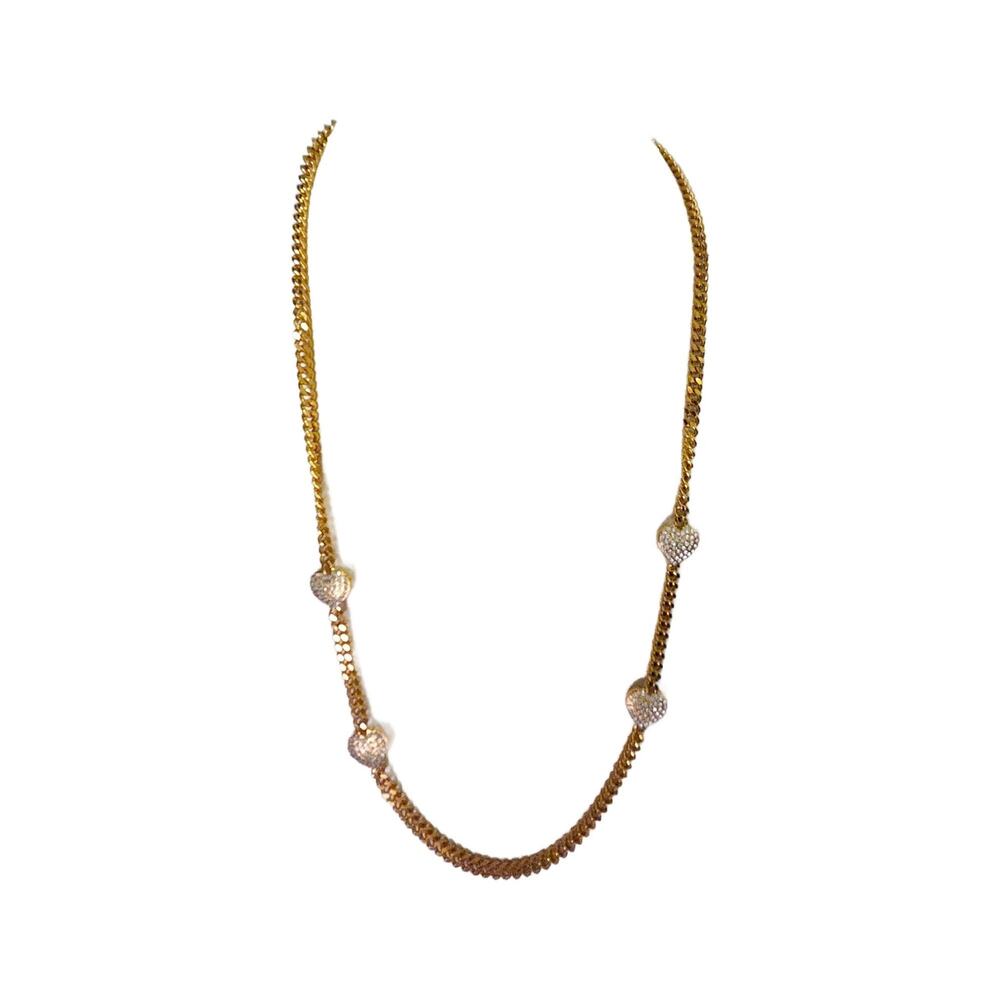 Y2K Cuban Figaro Gold Tone Chain with Swarovski Crystal Hearts Necklace